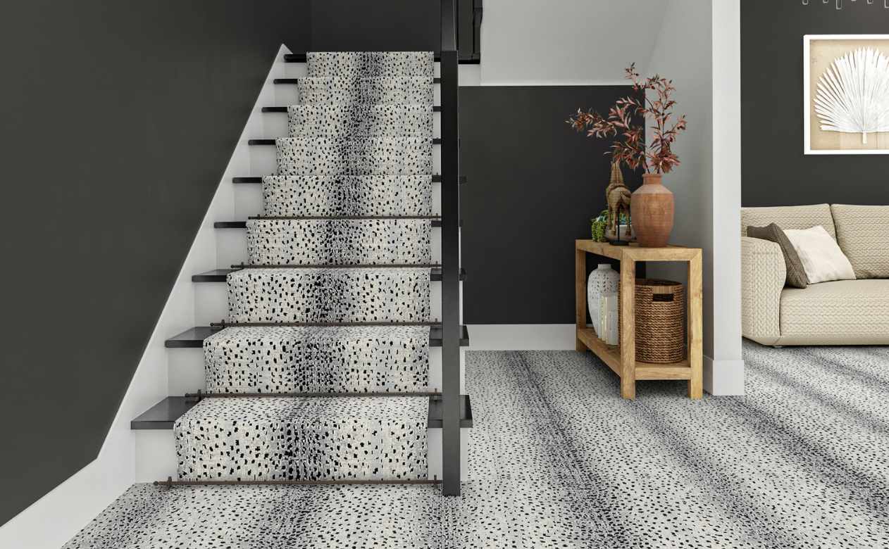 animal print patterned carpet on stairs in entryway