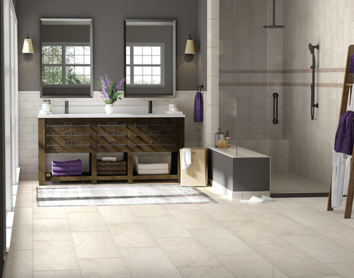Tile flooring in a bathroom, installation services available