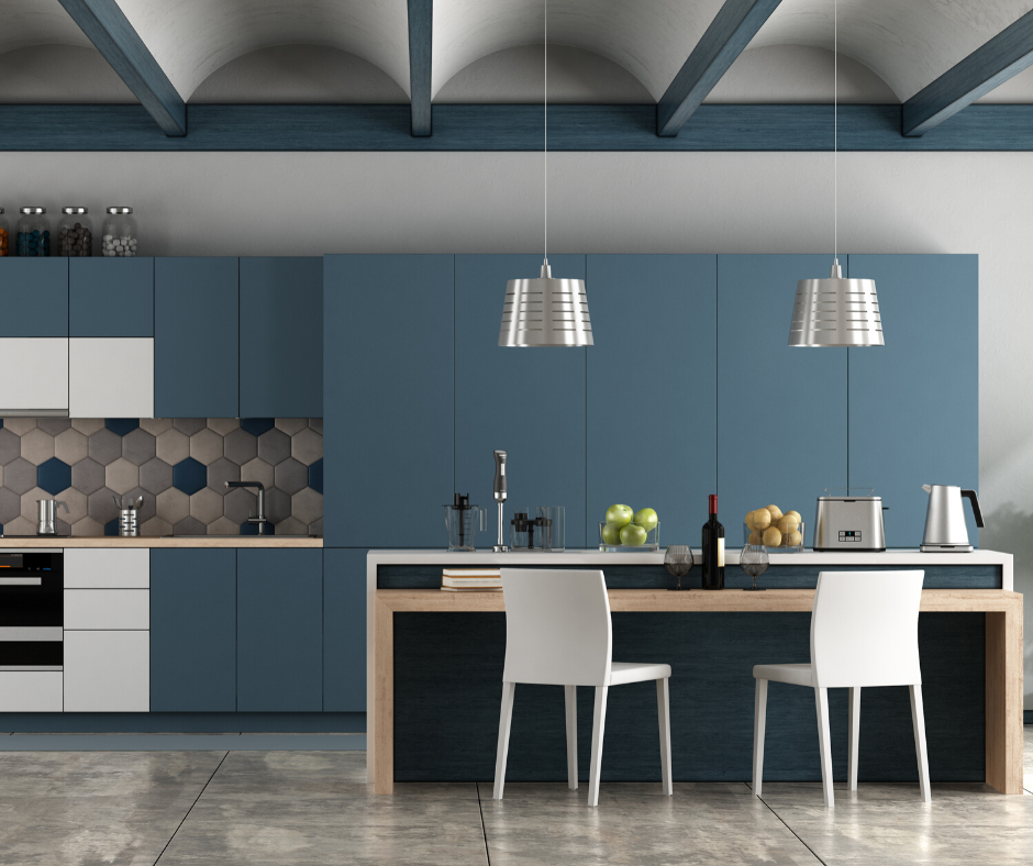 A modern high contrast living room utilizing a 2020 aquatic blue color themed cabinets, silver fixtures, and white chairs.